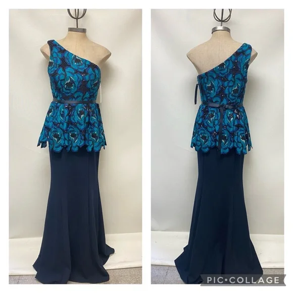 Aidan Mattox one shoulder embellished lace bodice long gown - Picture 3 of 11